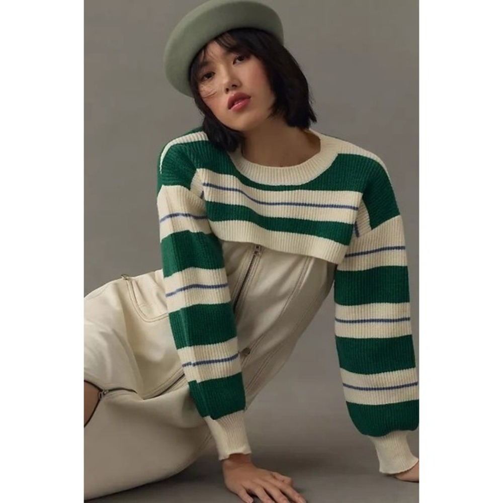 Maeve by Anthropologie Knit Striped Shrug Green Cream Blue Sweater- One Size